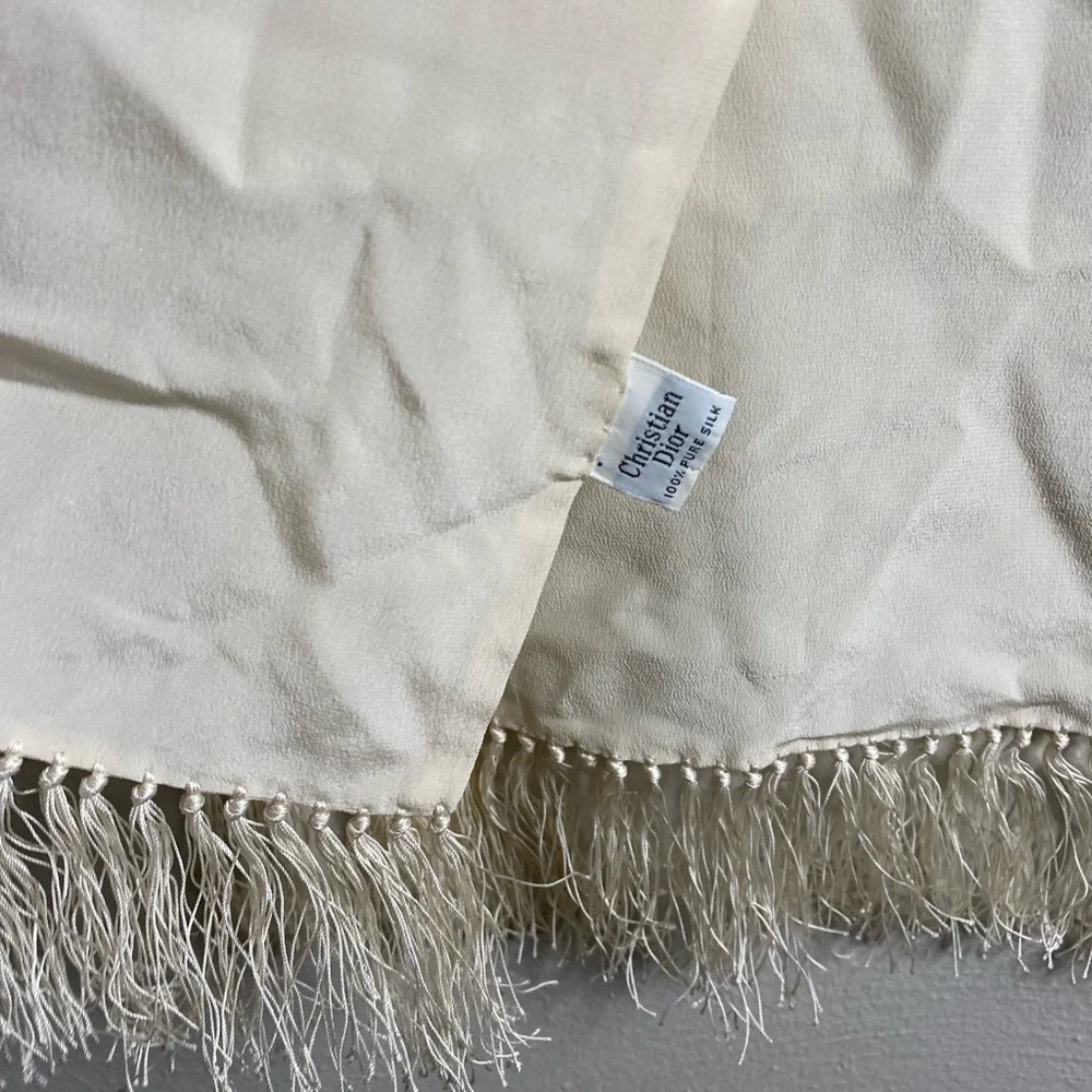 Dior Vintage Cream Fringe 100% Silk Scarf